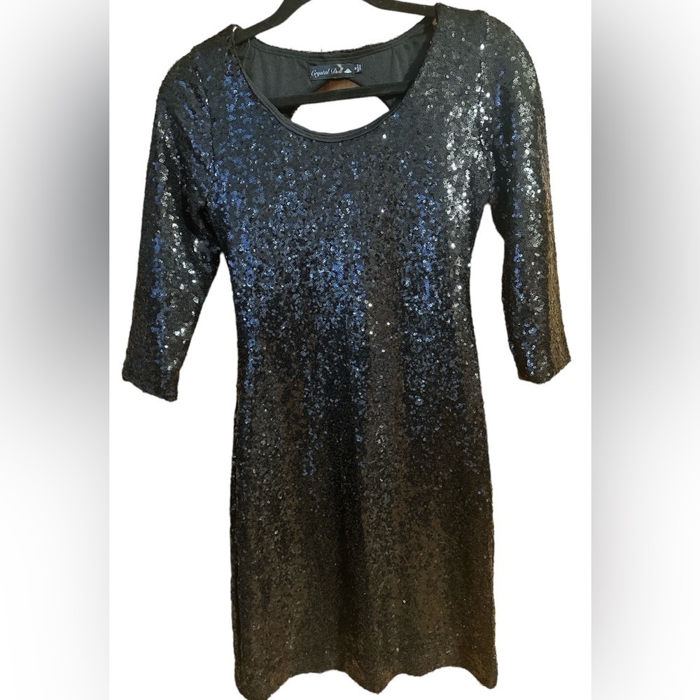Trending Sequin Crystal Doll Mini Black Dress Stretchy, 3/4 Length Sleeves